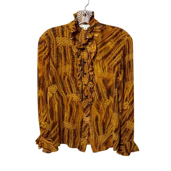 St. John Silk Blend Long Sleeve Ruffled Button Up Blouse Abstract Print Size 2 - Picture 8 of 8